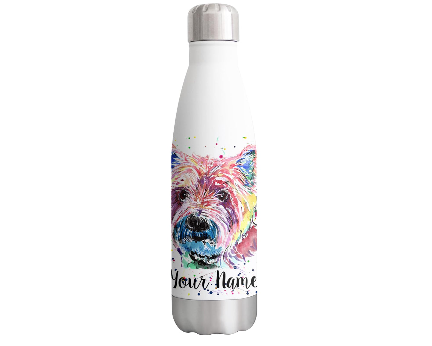 West Highland Terrier Personalised Custom Bottle with Your Text/Name Scottish Dog pet Animal Watercolour Bottle Double Wall Insulated Stainless Steel Sport Drinks 500ml