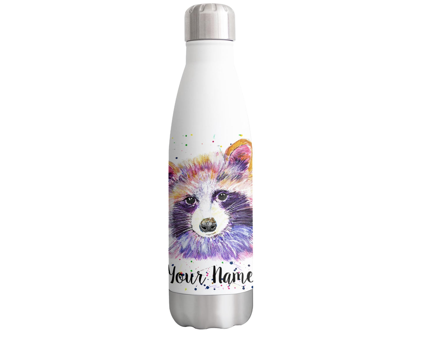 Vixar Raccoon Personalised Custom Bottle with your Text/name Watercolour wildlife Animals Bottle Double Wall Insulated Stainless Steel Sport Drinks 500ml