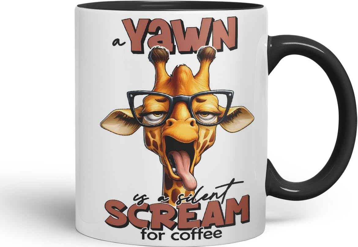 Vixar A Yawn is a Silent Scream for Coffee Giraffe Coloured Ceramic Mug Cup 11oz Funny Sarcastic Gift (Black)