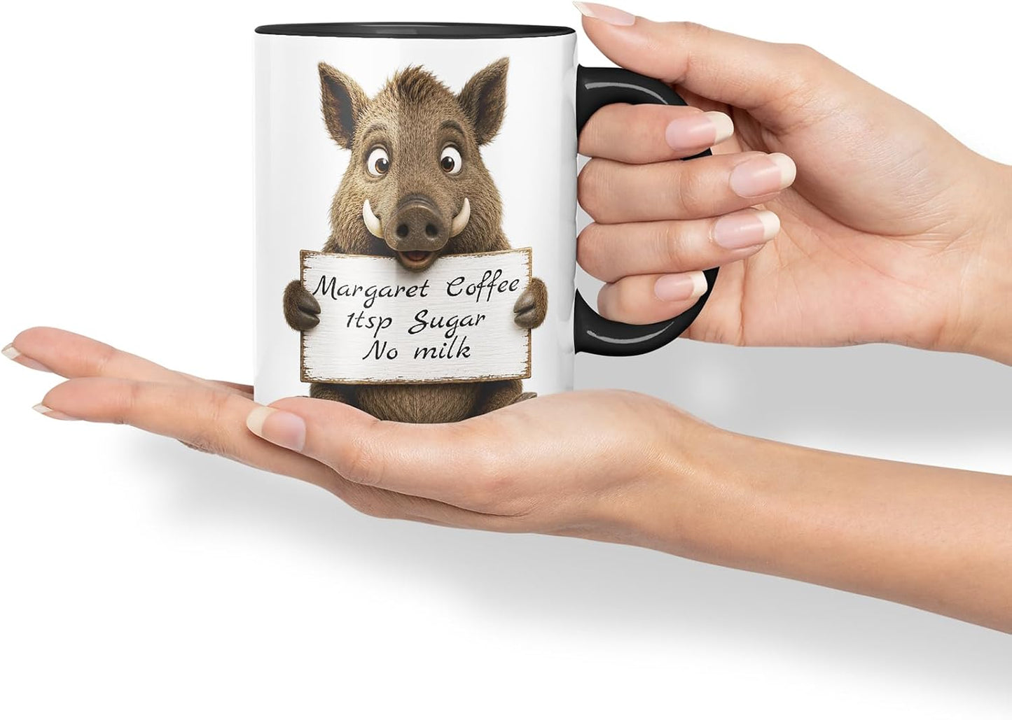 Vixar Personalised Wild Boar Mug with Name or Custom Message – Cute Animal Coloured Ceramic Mug Cup Gift, 11oz (Black)
