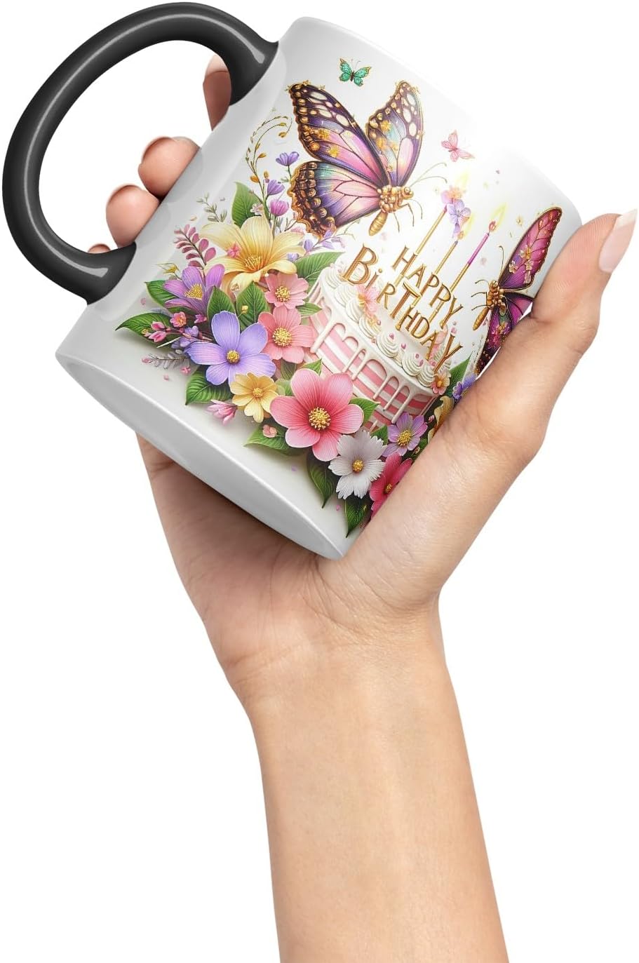 Vixar Happy Birthday Pink Cake Butterflies Coloured Ceramic Mug Cup Gift 11oz V10 (Black)