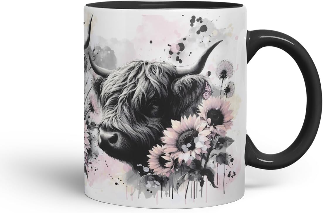 Vixar Highland Cows Flowers Mug – Coloured Ceramic Mug Cup Gift, 11oz (Black)