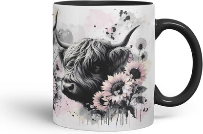 Vixar Highland Cows Flowers Mug – Coloured Ceramic Mug Cup Gift, 11oz (Black)