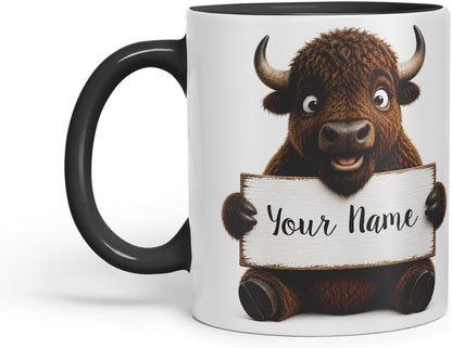 Vixar Personalised Bison Mug with Name or Custom Message – Cute Animal Coloured Ceramic Mug Cup Gift, 11oz (Black)