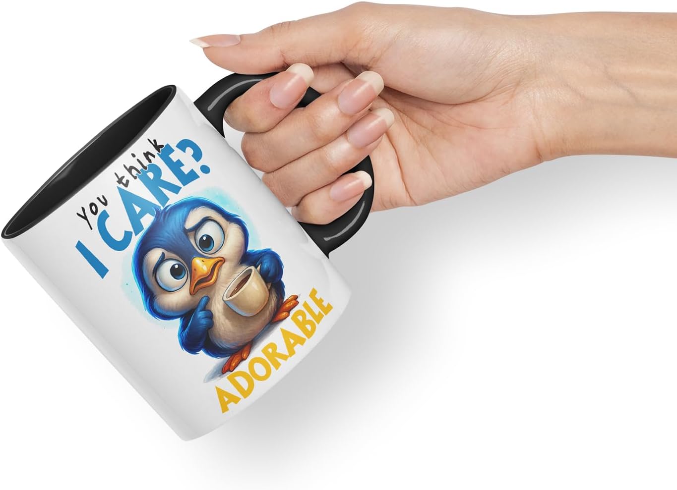 Vixar You Think I Care Adorable Sarcastic Penguin – Coloured Ceramic Mug Cup Gift, 11oz (Black)