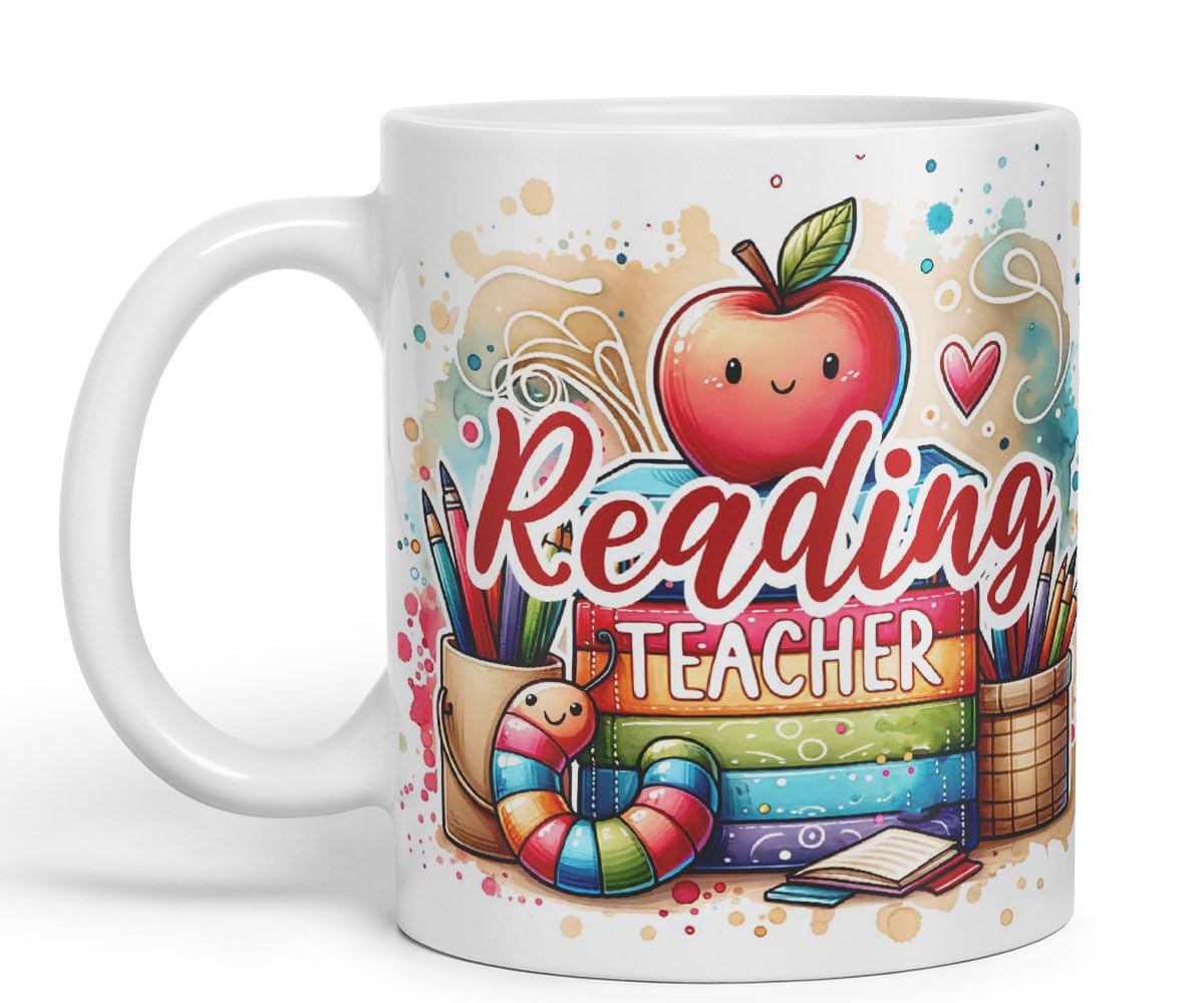 Vixar Reading Teacher Mug Thank You, End of School Gift Ceramic Coloured Mug Cup for Tea Coffee Hot Brew 330ml 11Oz Gift