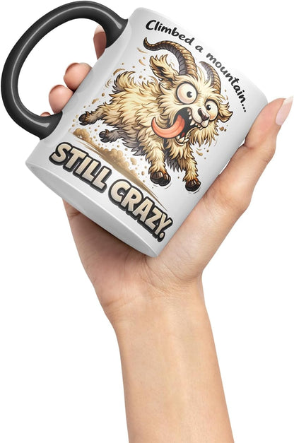Vixar Climbed A Mountain Still Crazy Funny Goat Mug – Coloured Ceramic Mug Cup Gift, 11oz (Black)