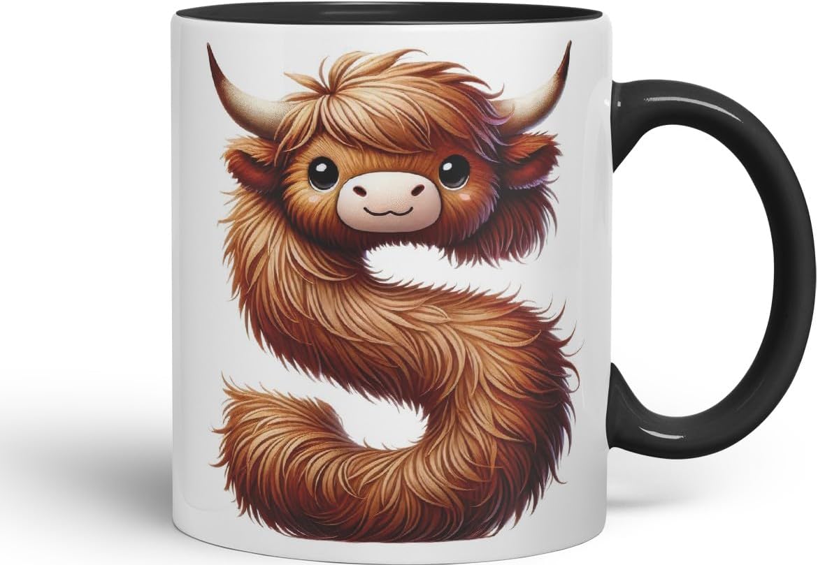 Highland Cow Alphabet Monogram Coloured Ceramic Cup Mug Letter S Rustic Farmhouse Animal Letter Gift V2 11oz (Black)