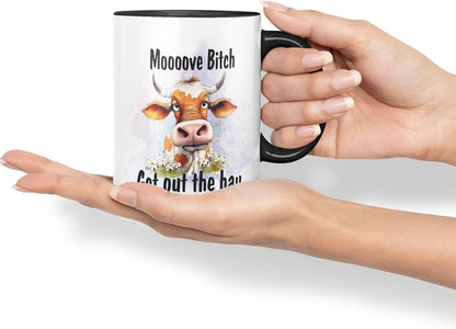 Vixar Moooove Bit.. Get Out The Hay Cow Joke Coloured Ceramic Mug Cup Gift, 11oz (Black)