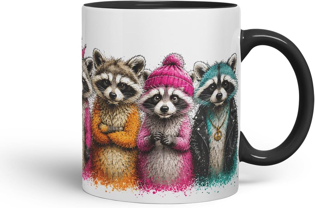 Raccoon Mug – Cute Raccoon Coloured Ceramic Mug Cup Gift, 11oz (Black)