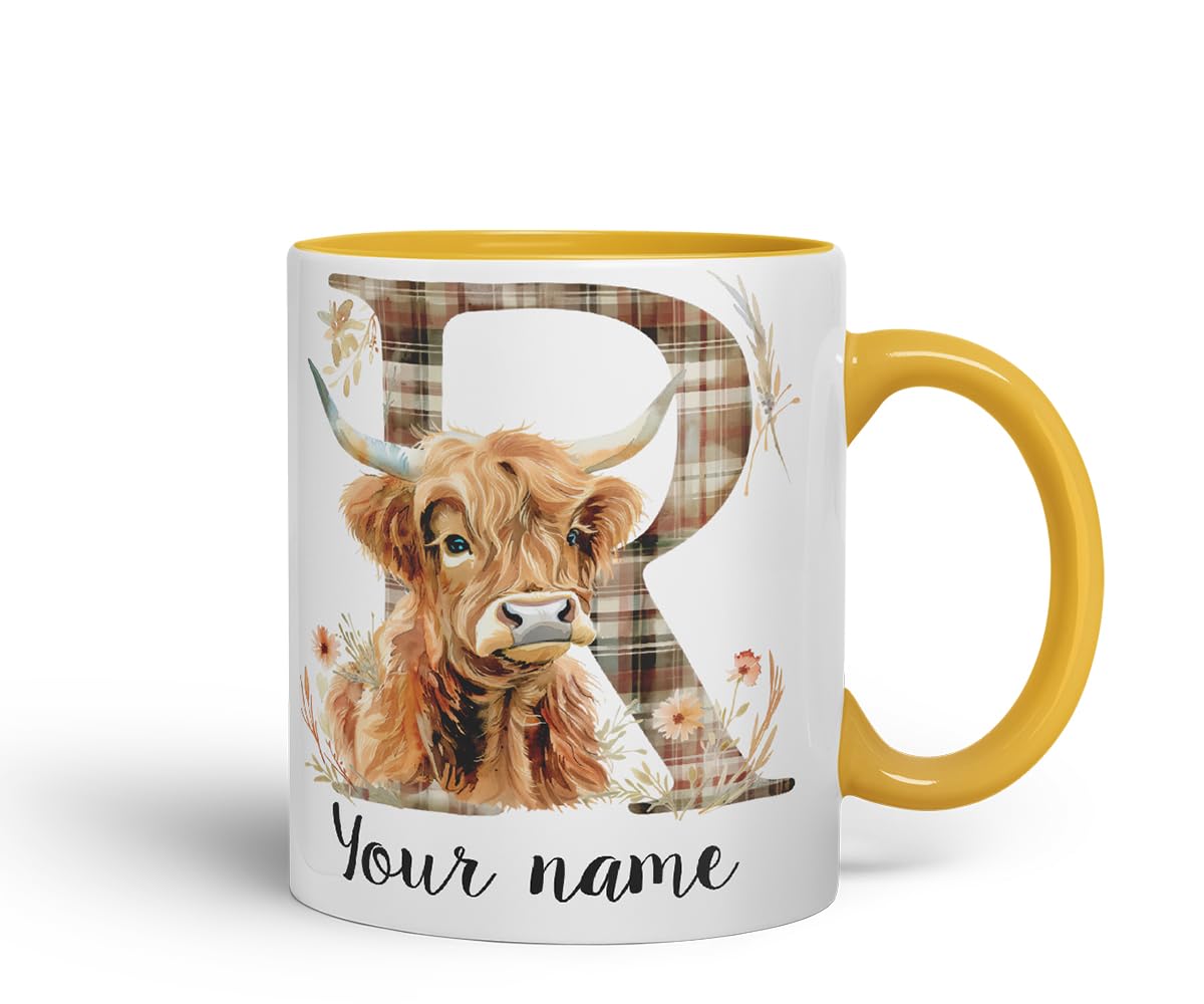 Vixar Personalised Highland Cow Initial Letter R Custom Name Mug – Coloured Ceramic Mug Cup Gift, 11oz (Black)