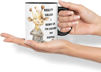 Vixar Reality Called, I Hung Up Sarcastic Giraffe Coloured Ceramic Mug Cup Gift 11oz (Black)