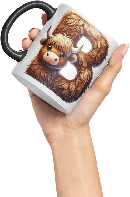 Highland Cow Alphabet Monogram Coloured Ceramic Cup Mug Letter B Rustic Farmhouse Animal Letter Gift V2 11oz (Black)