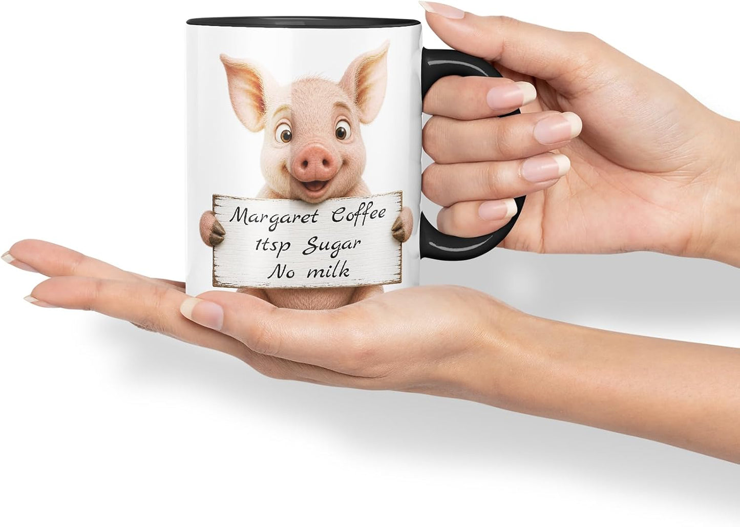 Vixar Personalised Pig Mug with Name or Custom Message – Cute Animal Coloured Ceramic Mug Cup Gift, 11oz (Black)