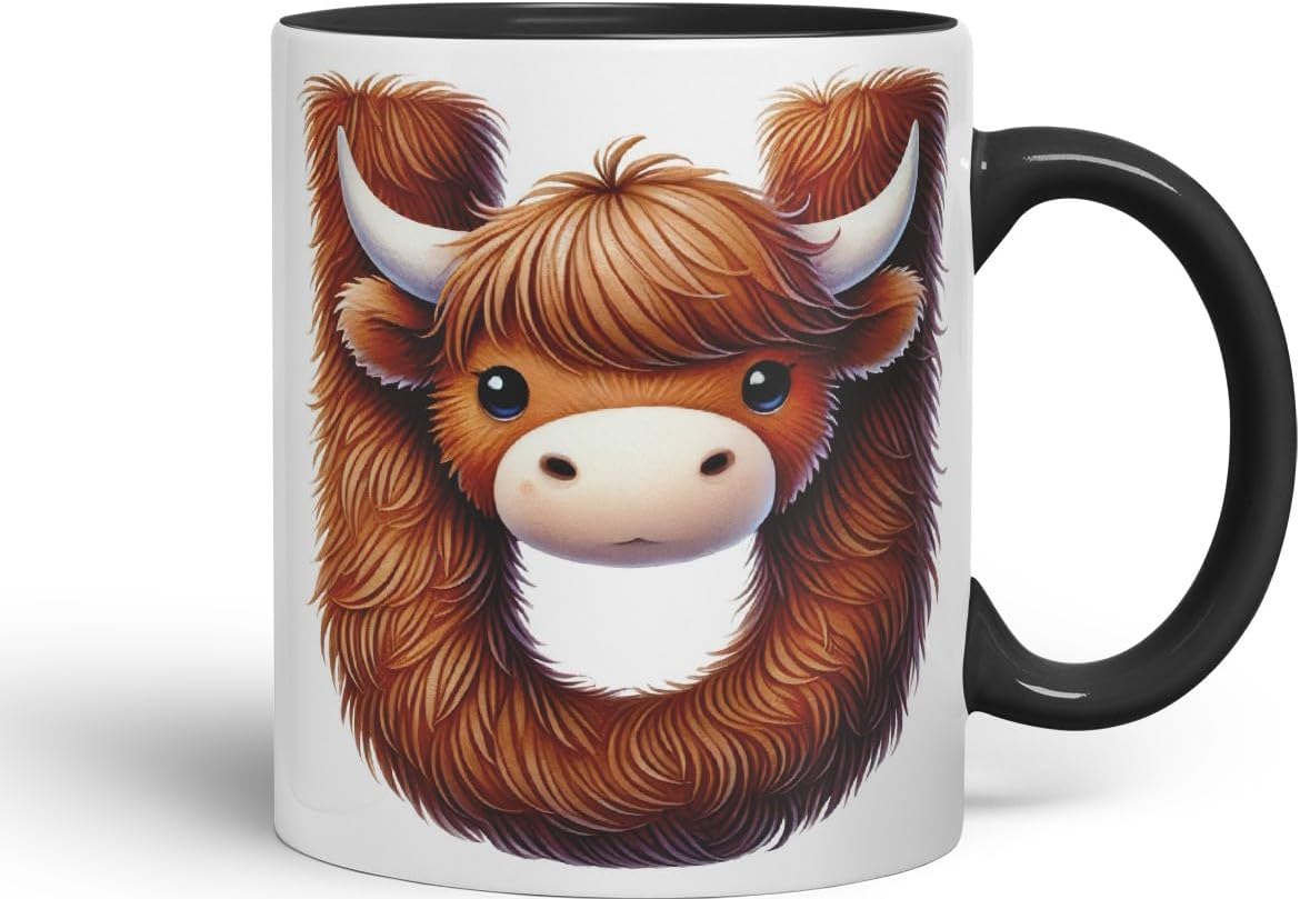 Highland Cow Alphabet Monogram Coloured Ceramic Cup Mug Letter U Rustic Farmhouse Animal Letter Gift V2 11oz (Black)