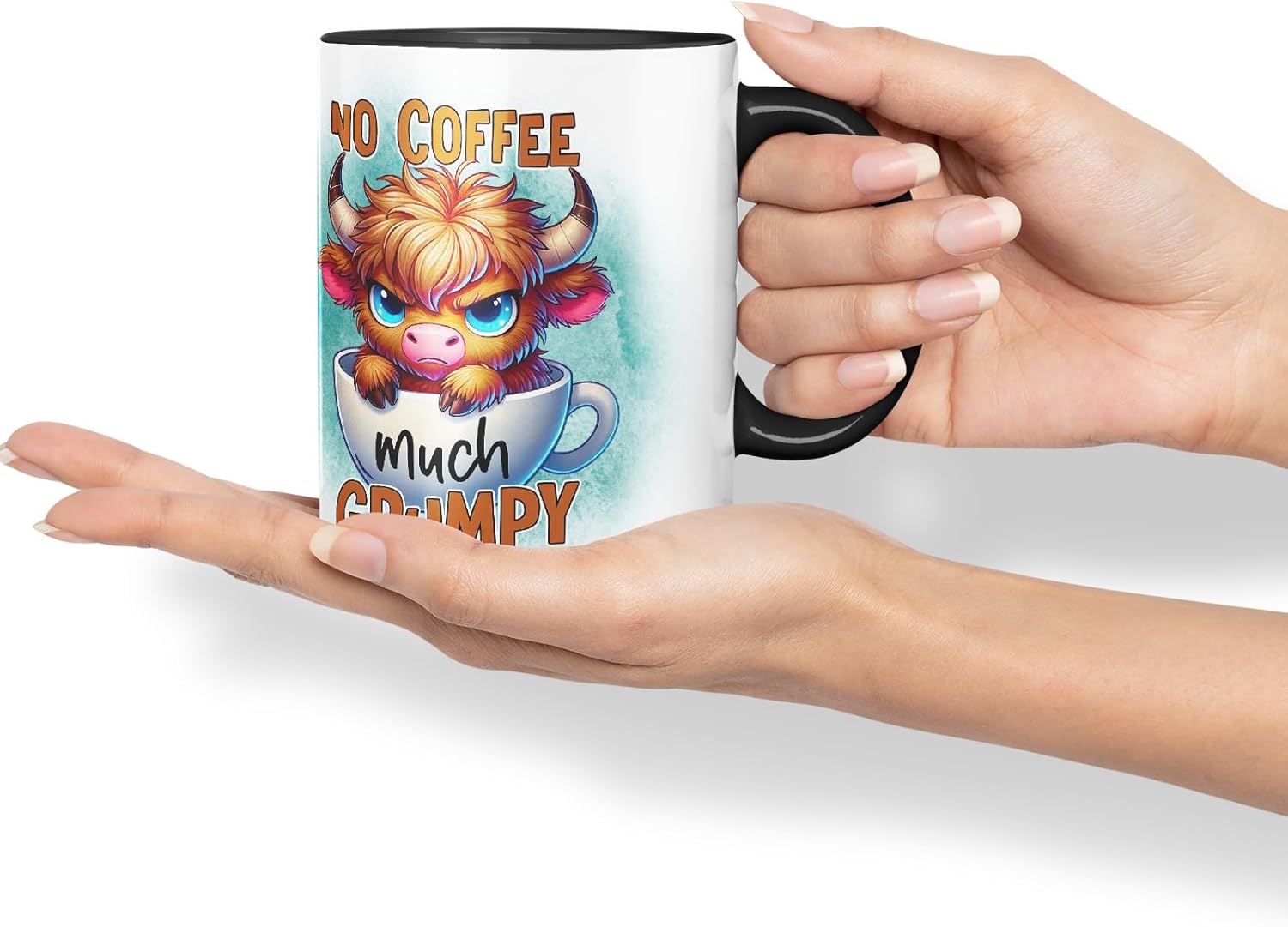 Vixar No Coffee Much Grumpy Highland Cow Coloured Ceramic Mug Cup Gift for Coffee Lovers 11oz (Black)