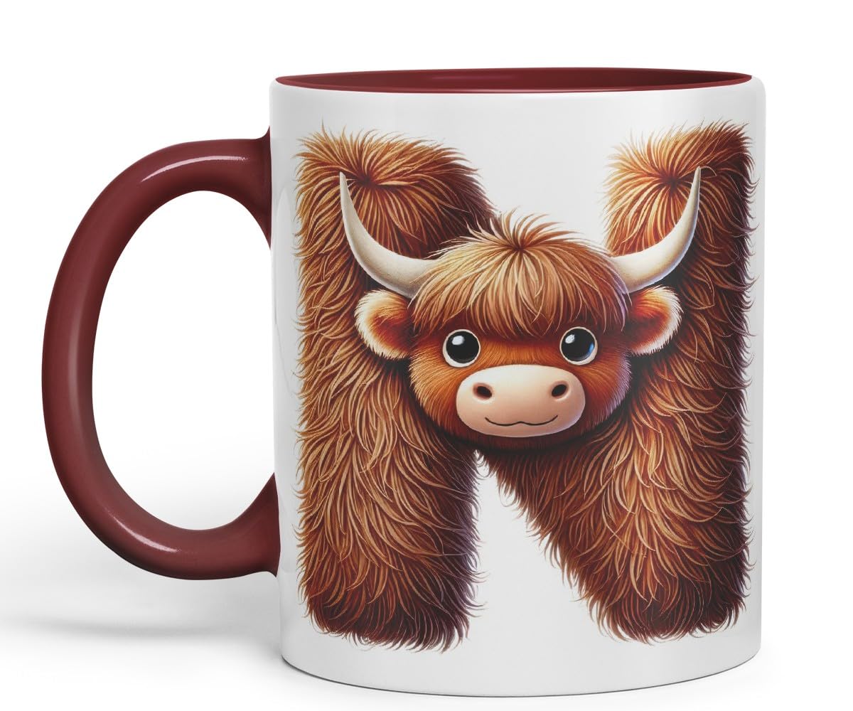 Highland Cow Alphabet Monogram Coloured Ceramic Cup Mug Letter N Rustic Farmhouse Animal Letter Gift V2 11oz (Black)