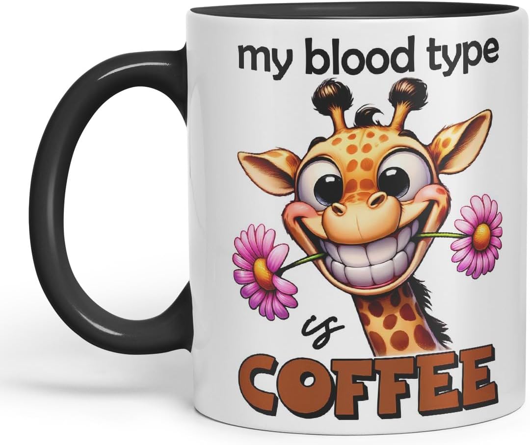 Vixar My Blood Type is Coffee Sarcastic Giraffe Mug Coloured Ceramic Cup 11oz (Black)