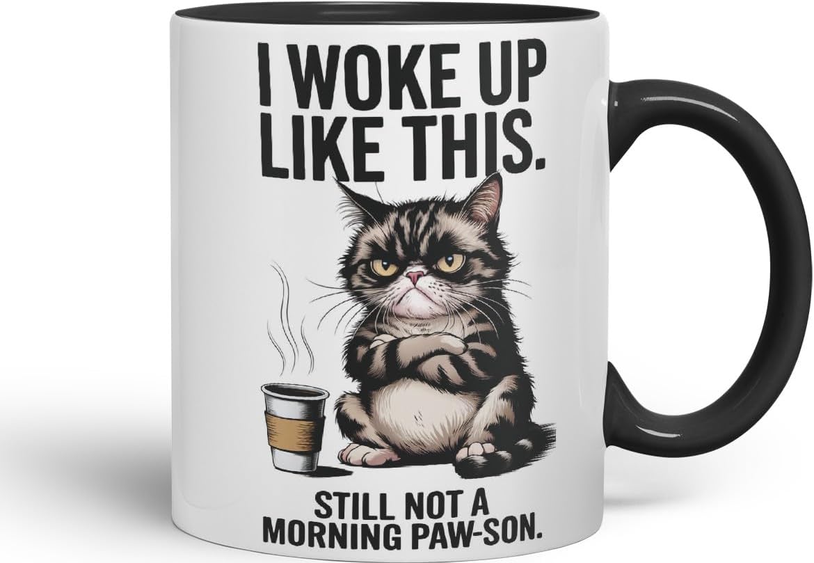 Vixar I Woke Up Like This Not A Morning Cat Mug – Coloured Ceramic Mug Cup Gift, 11oz (Black)