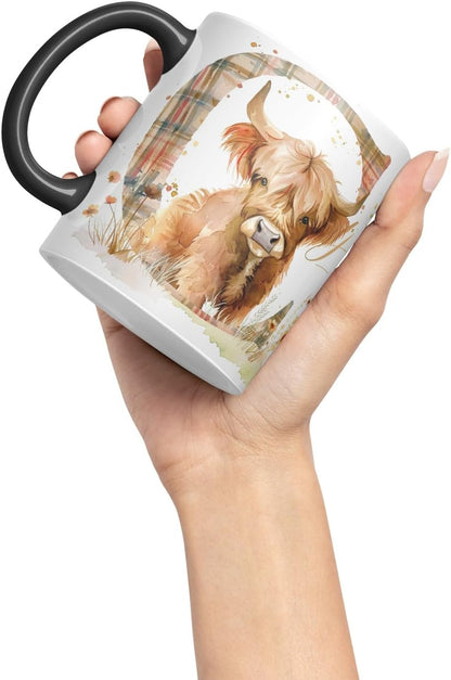 Vixar Highland Cow Alphabet Monogram Coloured Ceramic Cup Mug – Letter C – Rustic Farmhouse Animal Letter Gift – 11oz (Black)