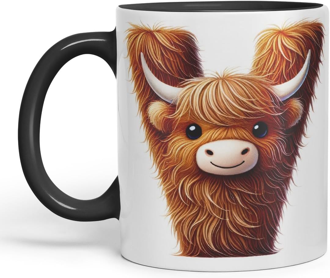 Highland Cow Alphabet Monogram Coloured Ceramic Cup Mug Letter V Rustic Farmhouse Animal Letter Gift V2 11oz (Black)
