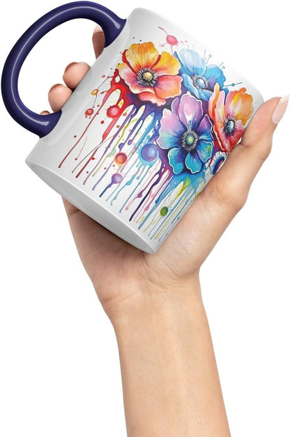 Vixar Anemone Watercolour Floral Mug Coloured Ceramic Mug Cup Gift, 11oz (Navy)