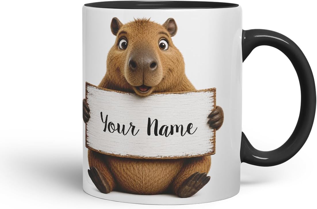 Vixar Personalised Capybara Mug with Name or Custom Message – Cute Animal Coloured Ceramic Mug Cup Gift, 11oz (Black)