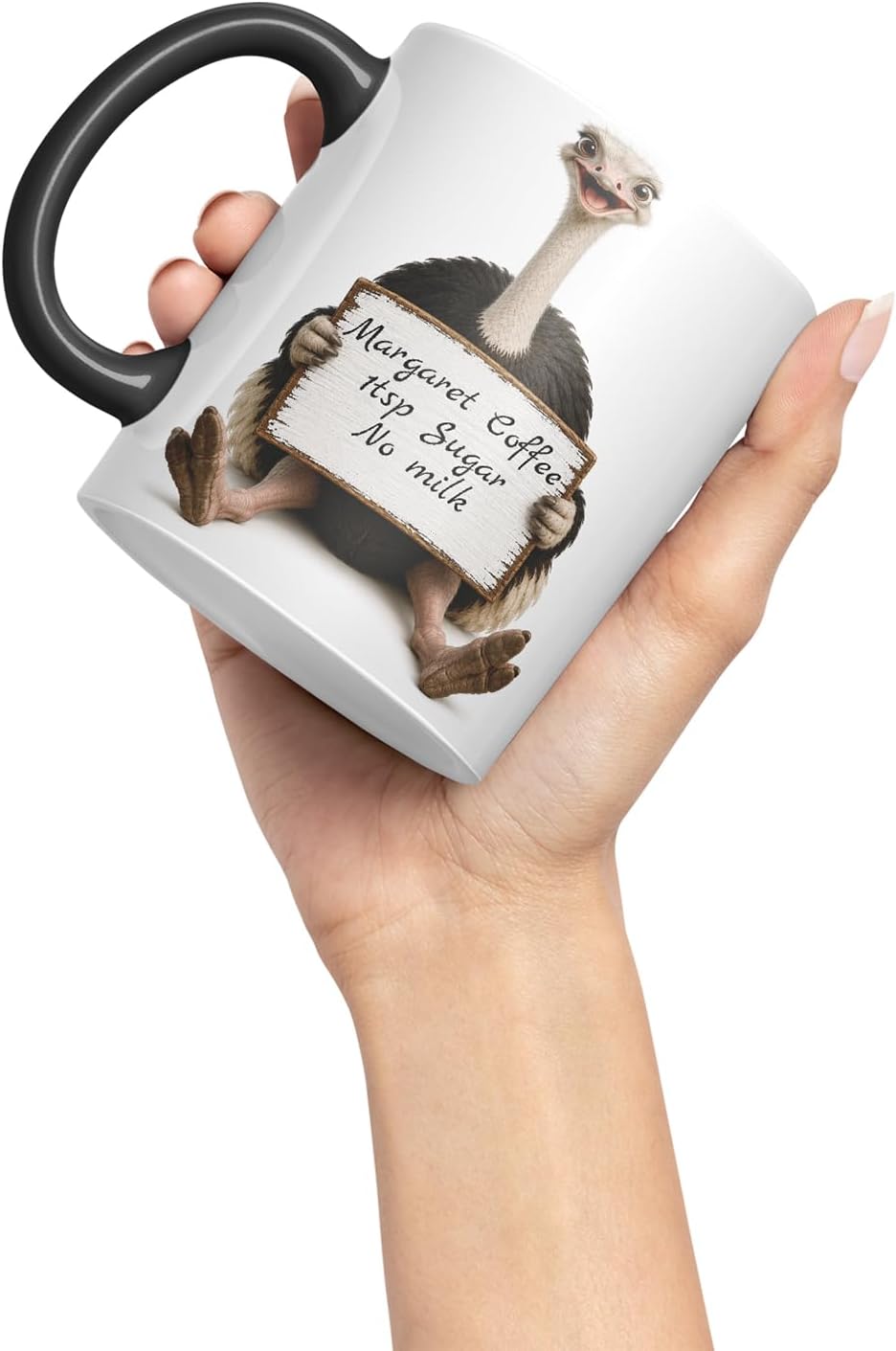 Vixar Personalised Ostrich Mug with Name or Custom Message – Cute Animal Coloured Ceramic Mug Cup Gift, 11oz (Black)