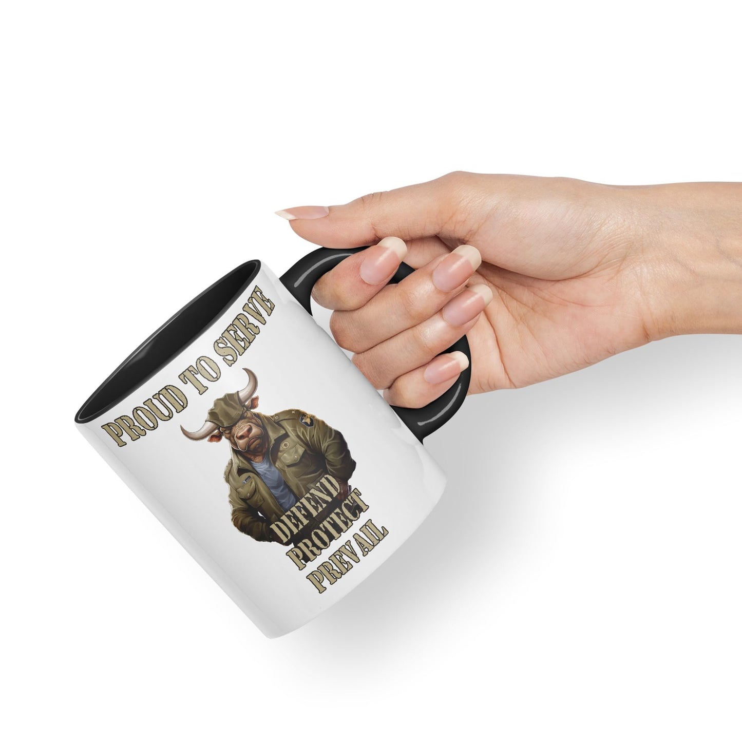 Proud to Serve Defend Protect Prevail Army Soldier Joke sarkasm Sarcastic Ceramic Coloured Mug Cup for Tea Coffee Hot Brew 330ml 11Oz Gift