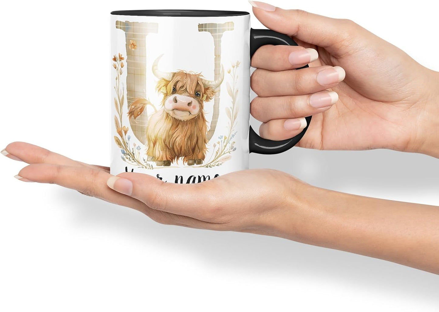 Vixar Personalised Highland Cow Initial Letter U Custom Name Mug – Coloured Ceramic Mug Cup Gift, 11oz (Black)