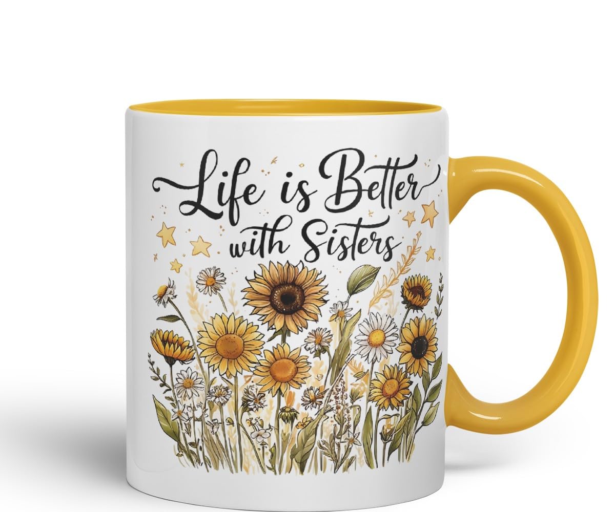 Vixar Life is Better with Sisters Coloured Mug Cup Floral Sister Gift 11oz (Black)
