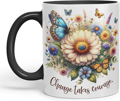 Vixar Change Takes Courage Butterfly Coloured Mug Cup Floral Nature Inspirational Gift 11oz (Black)