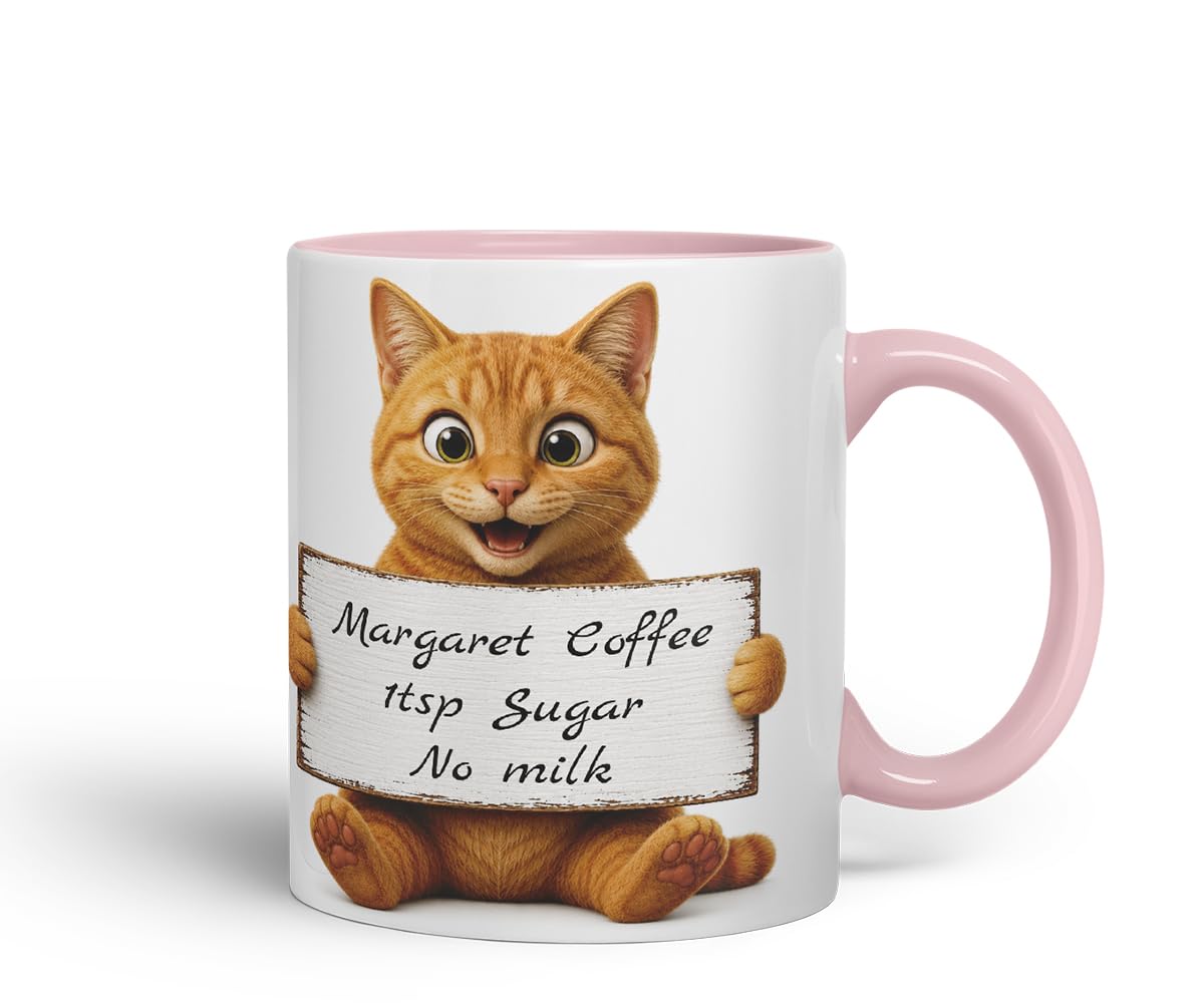 Vixar Personalised Ginger Cat Mug with Name or Custom Message – Cute Animal Coloured Ceramic Mug Cup Gift, 11oz (Black)