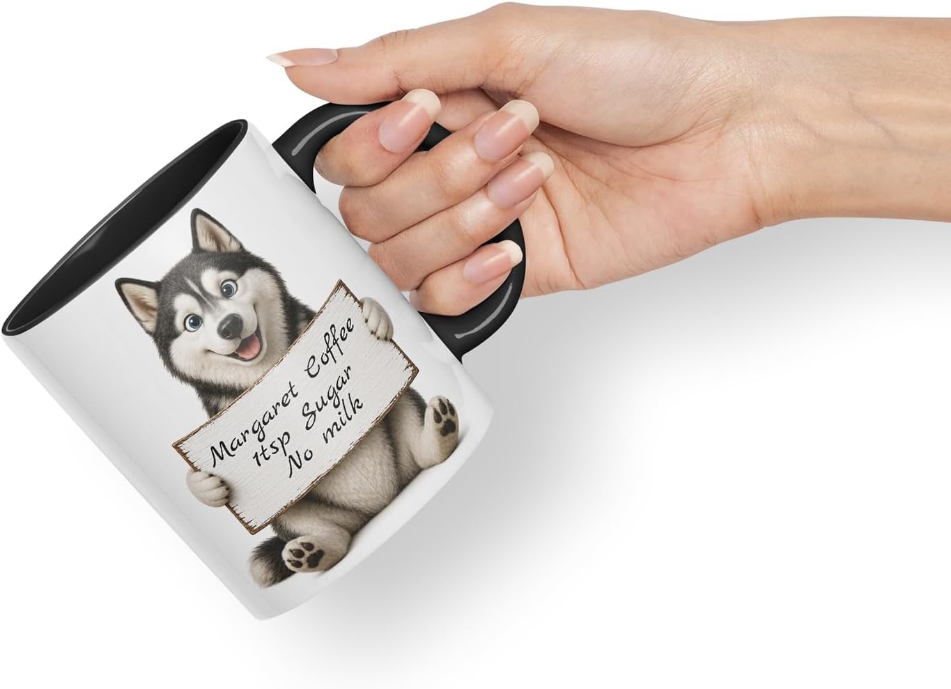 Vixar Personalised Husky Mug with Name or Custom Message – Cute Animal Coloured Ceramic Mug Cup Gift, 11oz (Black)