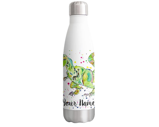 Vixar Dinosaur T-rex dino Personalised Custom Bottle with your Text/name Watercolour Bottle double Wall insulated Stainless steel sport Drinks 500ml v2