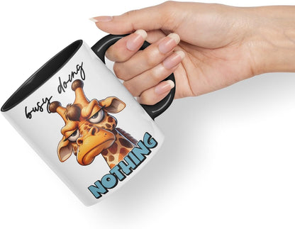 Vixar Busy Doing Nothing Sarcastic Giraffe Mug, Coloured Ceramic Cup 11oz (Black)