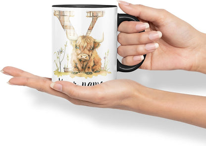 Vixar Personalised Highland Cow Initial Letter Y Custom Name Mug – Coloured Ceramic Mug Cup Gift, 11oz (Black)