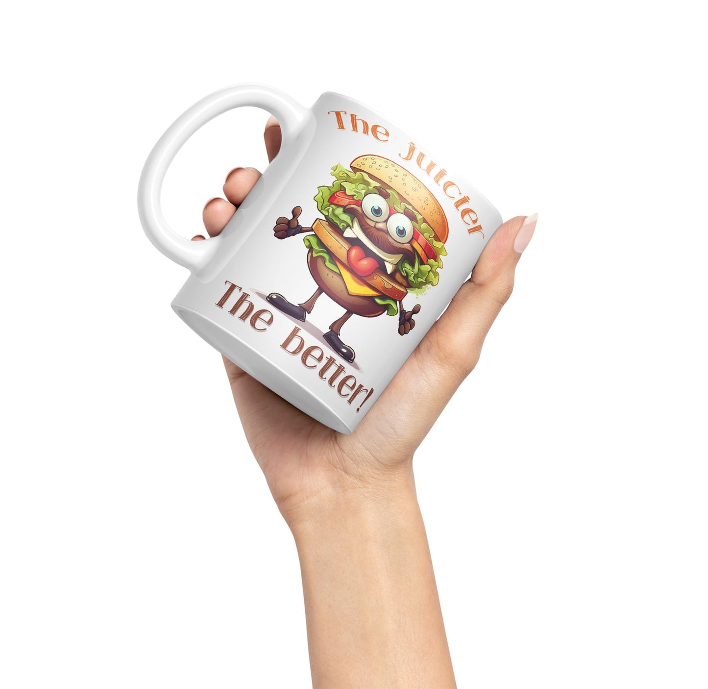 The Juicier The Better Burger, Joke sarkasm Sarcastic Ceramic Coloured Mug Cup for Tea Coffee Hot Brew 330ml 11Oz Gift