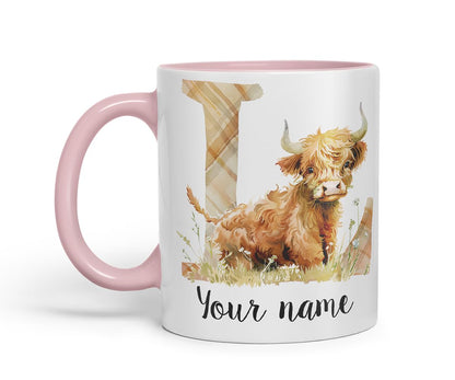 Vixar Personalised Highland Cow Initial Letter L Custom Name Mug – Coloured Ceramic Mug Cup Gift, 11oz (Black)