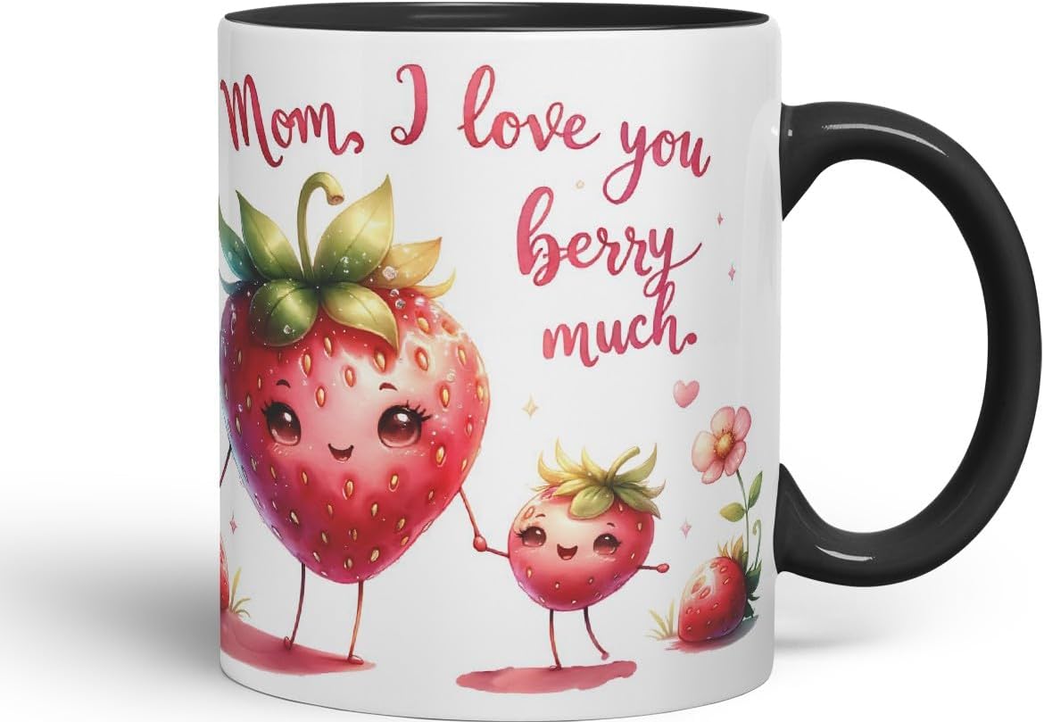 Vixar Mom, I Love You Berry Much Coloured Mug Cup Cute Strawberry Mother’s Day Gift 11oz (Black)
