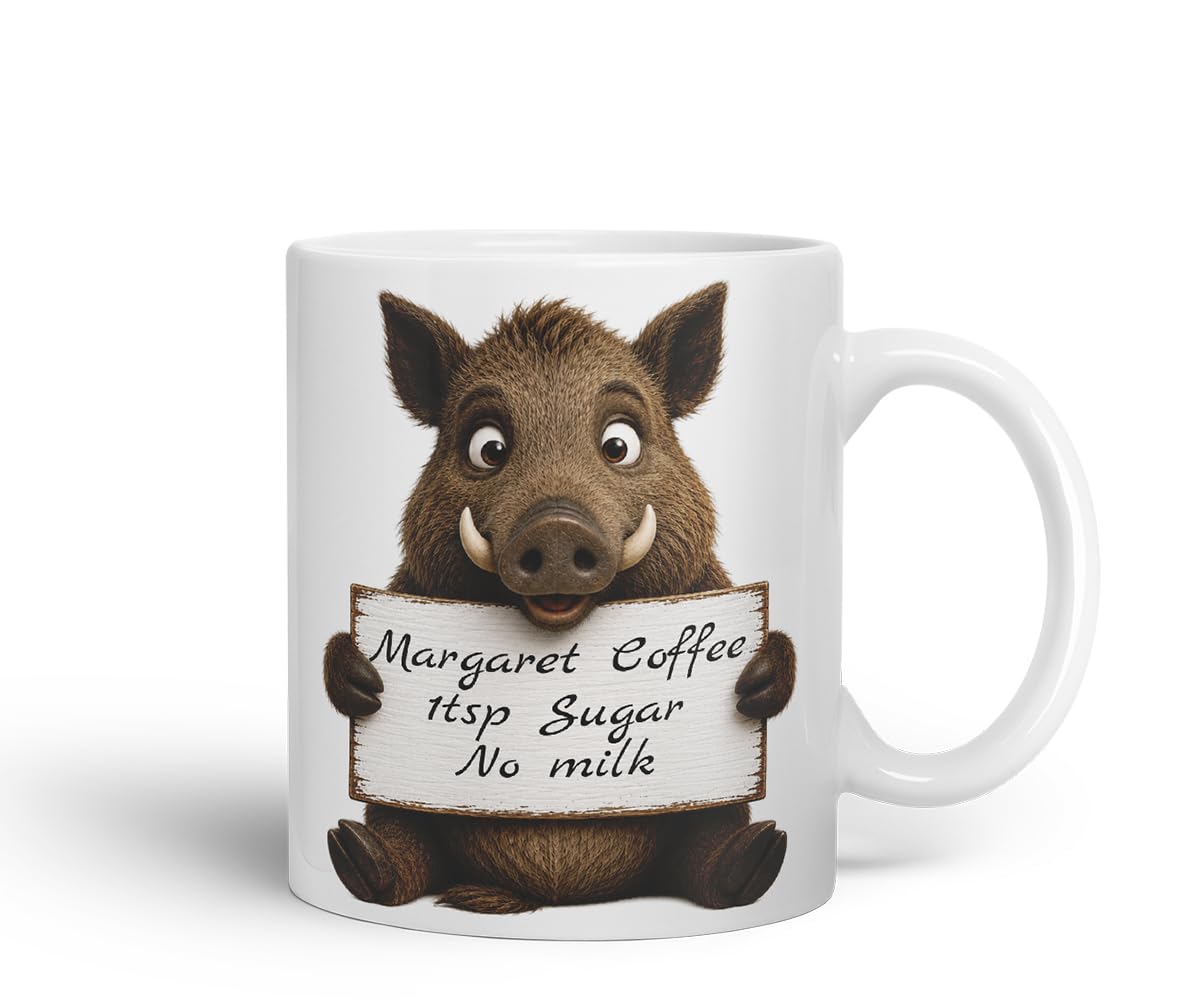 Vixar Personalised Wild Boar Mug with Name or Custom Message – Cute Animal Coloured Ceramic Mug Cup Gift, 11oz (Black)