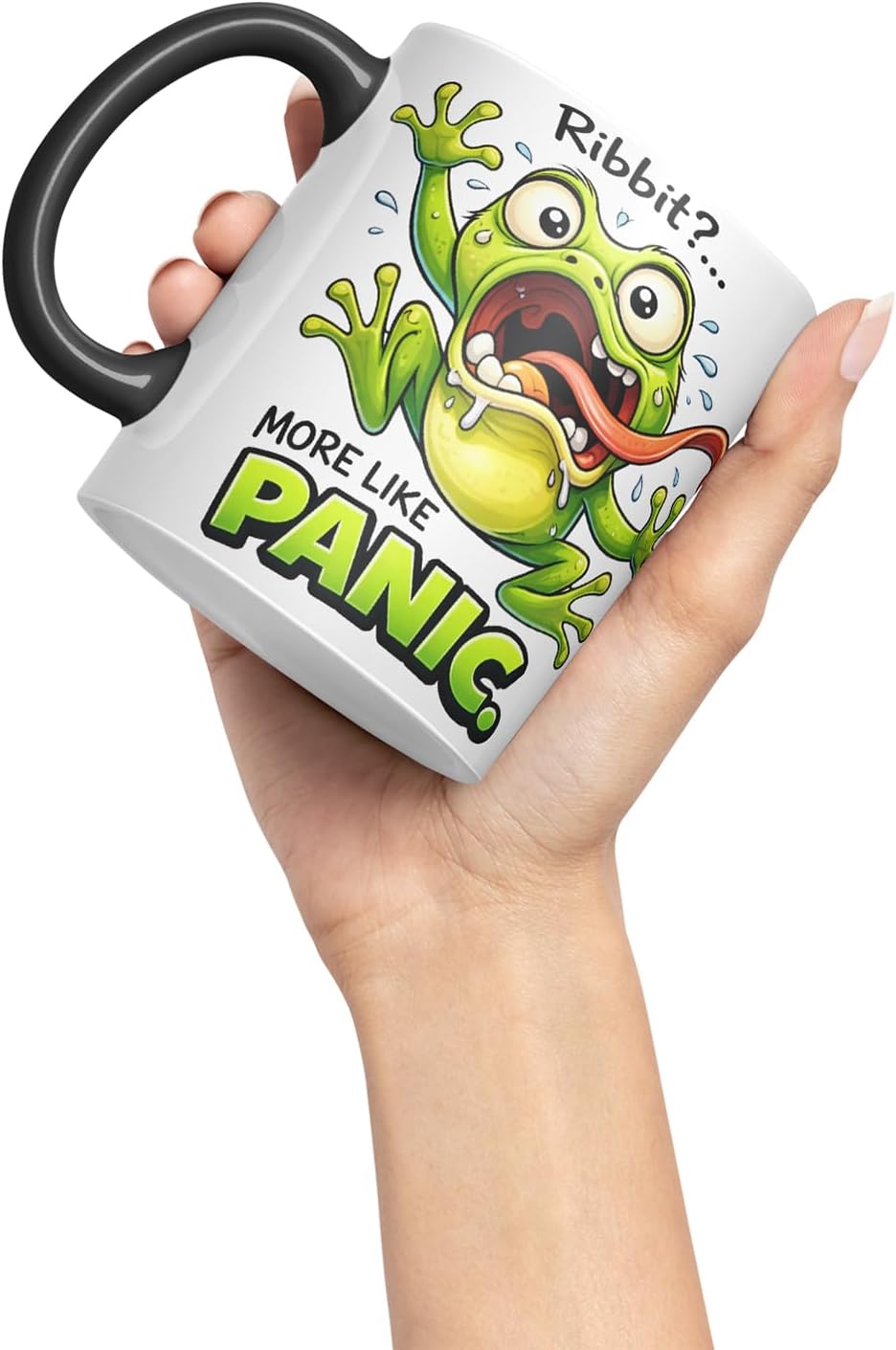 Vixar Ribbit More Like Panic Funny Frog Mug – Coloured Ceramic Mug Cup Gift, 11oz (Black)