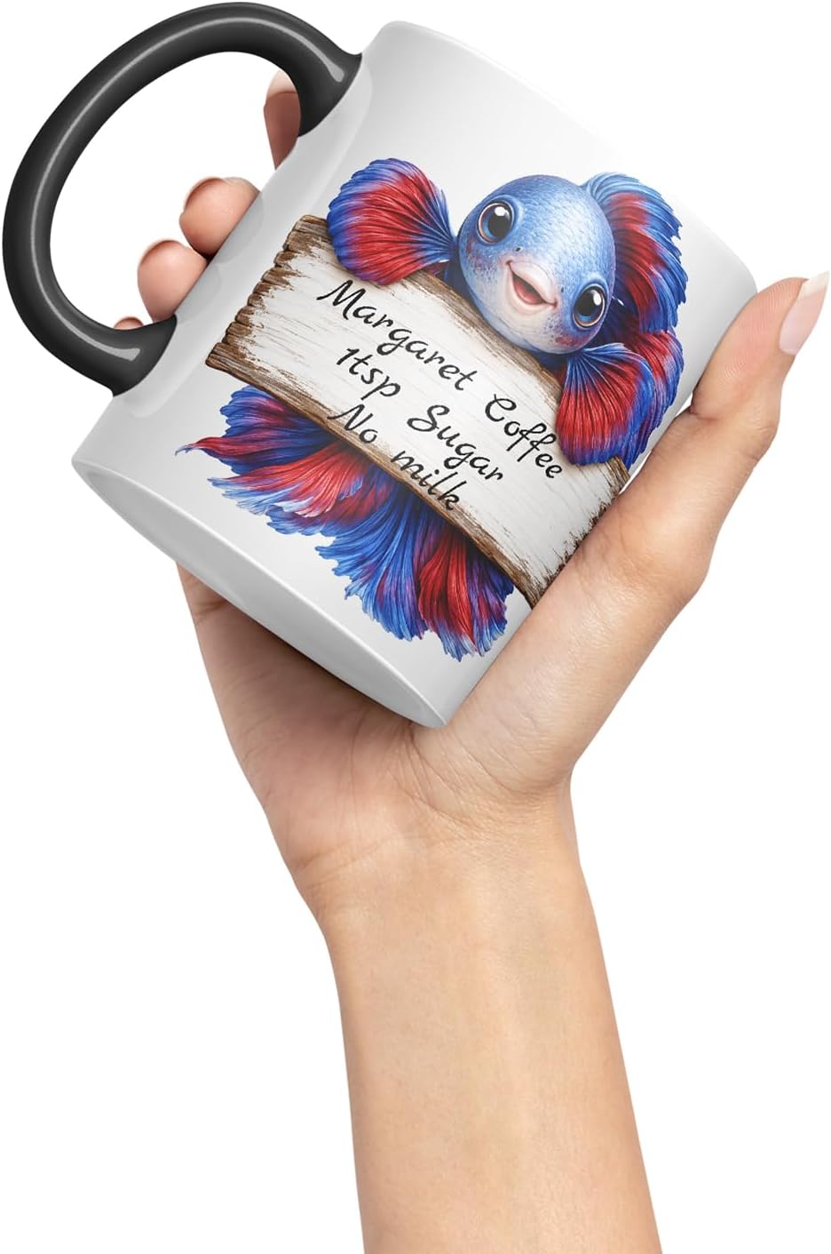 Vixar Personalised Betta Fish Mug with Name or Custom Message – Cute Animal Coloured Ceramic Mug Cup Gift, 11oz (Black)