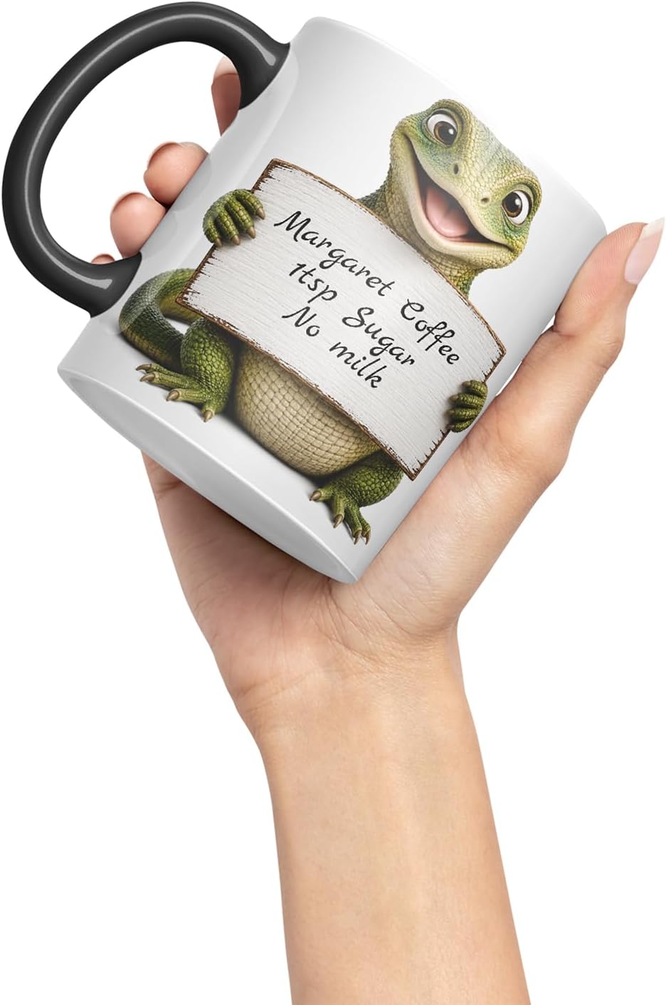 Vixar Personalised Lizard Mug with Name or Custom Message – Cute Animal Coloured Ceramic Mug Cup Gift, 11oz (Black)