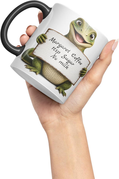 Vixar Personalised Lizard Mug with Name or Custom Message – Cute Animal Coloured Ceramic Mug Cup Gift, 11oz (Black)
