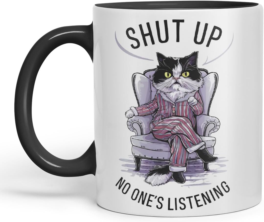 Vixar Shut Up No One’s Listening Sarcastic cat Coloured Ceramic Mug Cup Gift, 11oz (Black)