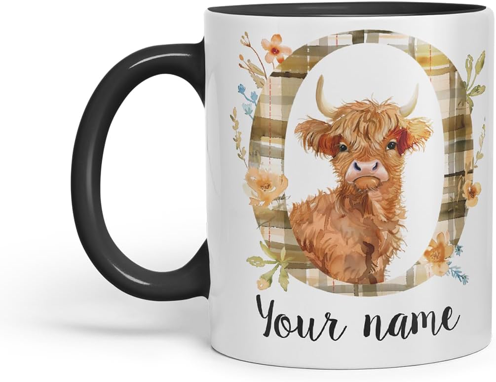 Vixar Personalised Highland Cow Initial Letter O Custom Name Mug – Coloured Ceramic Mug Cup Gift, 11oz (Black)
