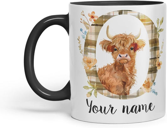 Vixar Personalised Highland Cow Initial Letter O Custom Name Mug – Coloured Ceramic Mug Cup Gift, 11oz (Black)