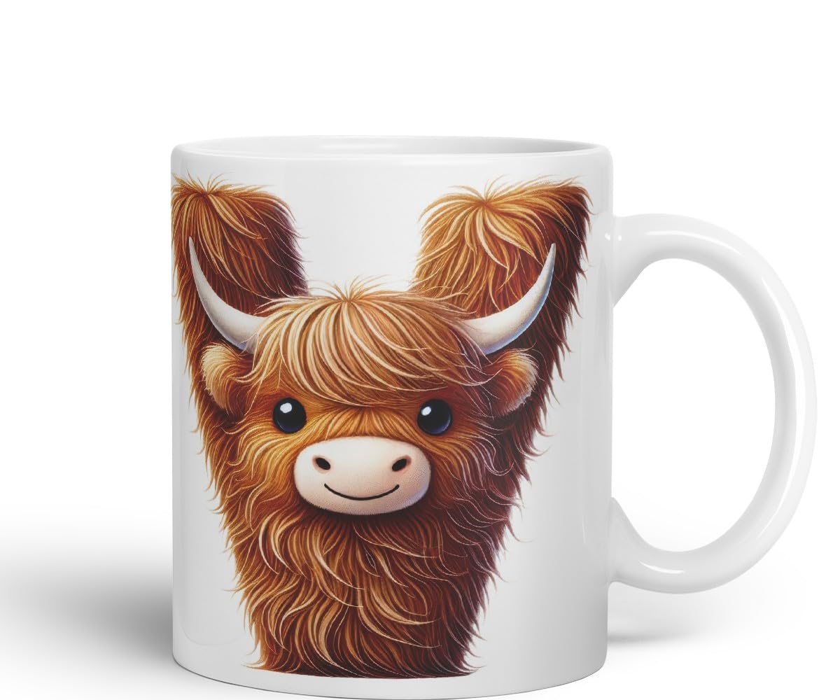 Highland Cow Alphabet Monogram Coloured Ceramic Cup Mug Letter V Rustic Farmhouse Animal Letter Gift V2 11oz (Black)