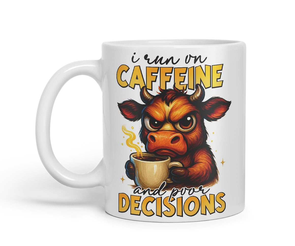 Vixar I Run On Caffeine and Poor Decisions Funny Cow Mug – Coloured Ceramic Mug Cup Gift, 11oz (Black)